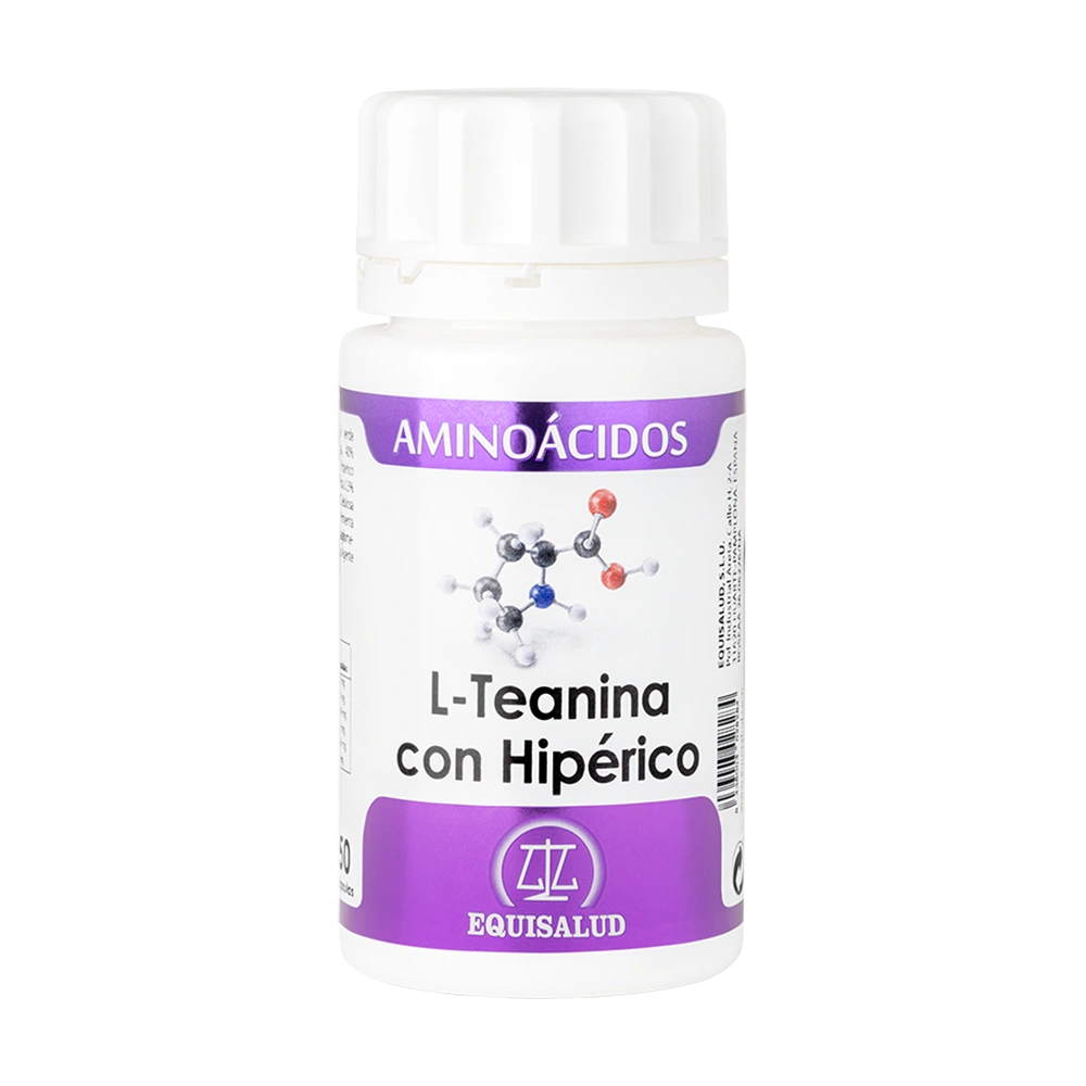 Envase de Equisalud L-TEANINA con HIPÉRICO 50 cápsulas, suplemento alimenticio