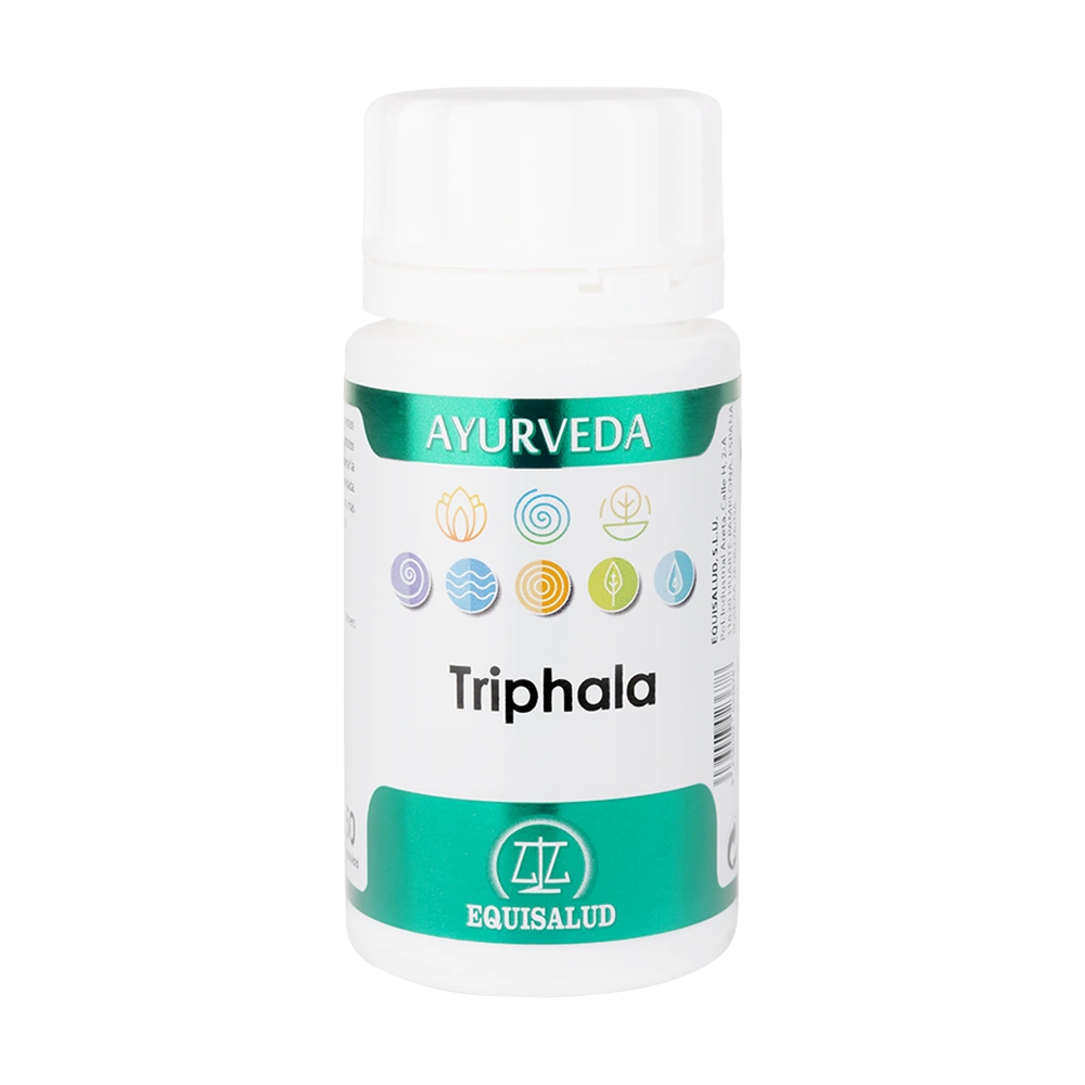 Envase de Equisalud Ayurveda TRIPHALA 50 cápsulas, suplemento alimenticio