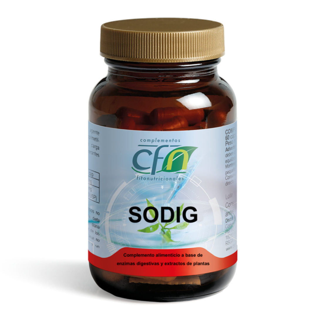 Envase de Cfn SODIG enzimas + plantas digestivas 60 cápsulas, suplemento alimenticio