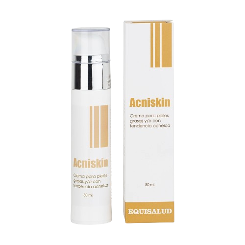 Envase de Equisalud ACNISKIN crema acné 50 ml, suplemento alimenticio