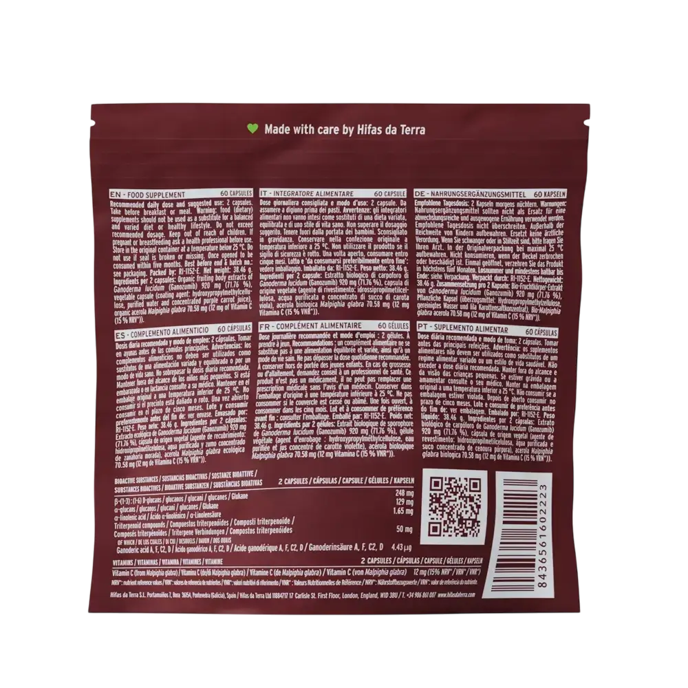 Hifas da Terra MICO-REI (extracto puro ecológico de Reishi) Refill 60 cápsulas etiqueta