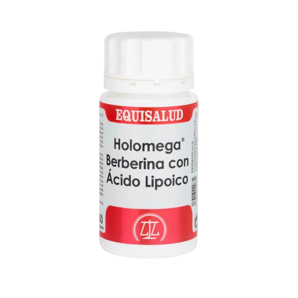 Envase de Equisalud Holomega BERBERINA con ácido lipoico 50 cápsulas, suplemento alimenticio