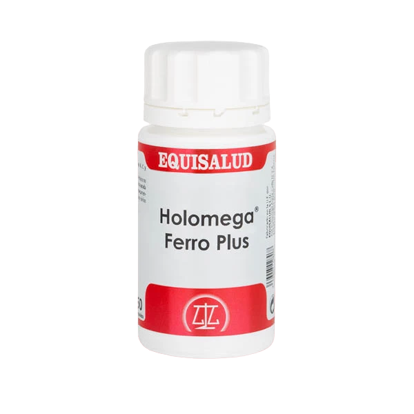 Envase de Equisalud Holomega FERRO PLUS 50 cápsulas, suplemento alimenticio