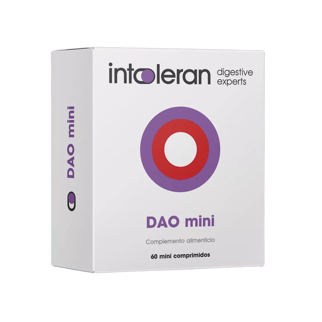 Envase de Intoleran DAO mini 60 comprimidos, suplemento alimenticio