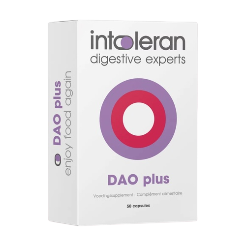 Envase de Intoleran DAO plus 50 cápsulas, suplemento alimenticio