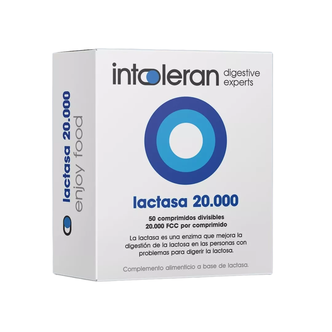 Envase de Intoleran LACTASA 20.000 - 50 comprimidos, suplemento alimenticio