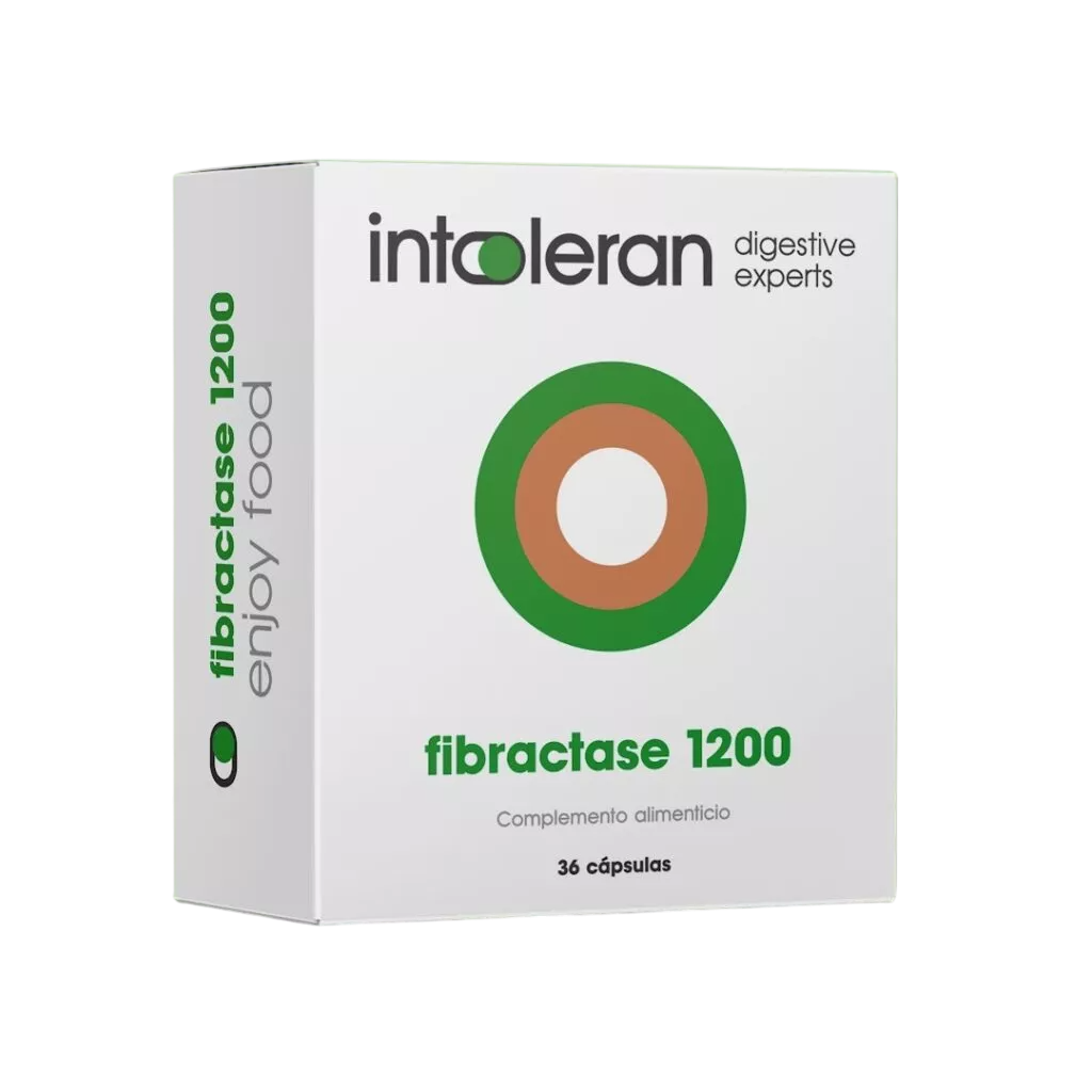 Envase de Intoleran FIBRACTASE 1200 (FORTE) 36 cápsulas, suplemento alimenticio