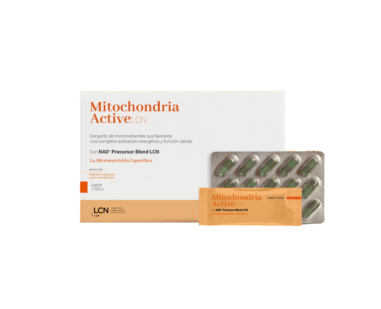 Envase de LCN Mitochondria Active 60 sticks + 60 capsulas, suplemento alimenticio
