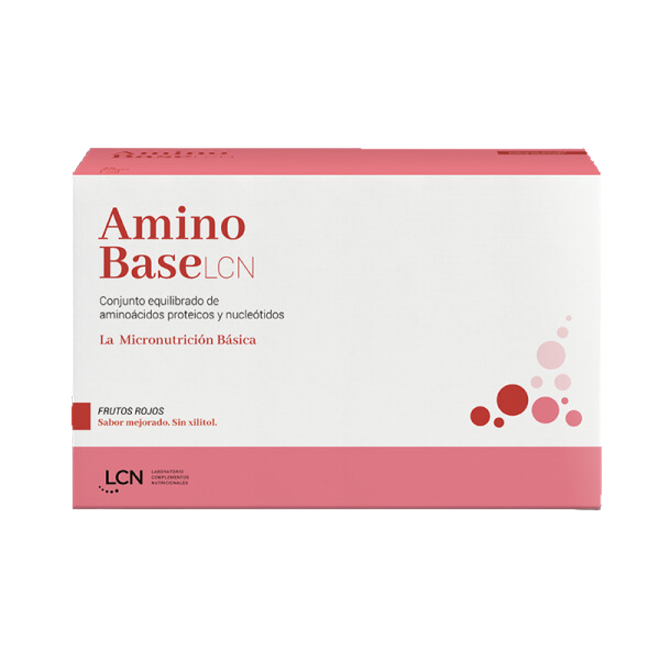 Envase de Lcn AMINO BASE 30 sobres, sabor frutos rojos, suplemento alimenticio