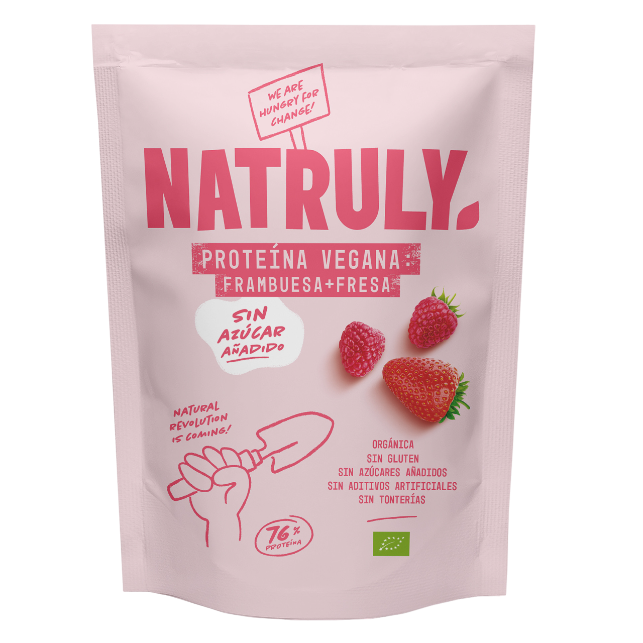 Envase de Natruly PROTEÍNA VEGANA Frambuesa y Fresa 350 g BIO, proteína vegana