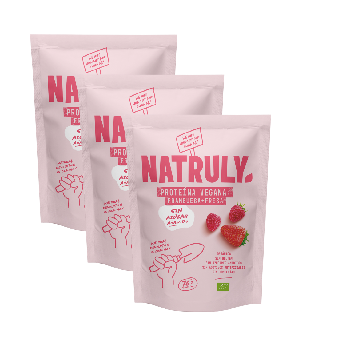 Envase de Natruly PROTEÍNA VEGANA Frambuesa y Fresa 350 g BIO - Pack 3x, proteína vegana