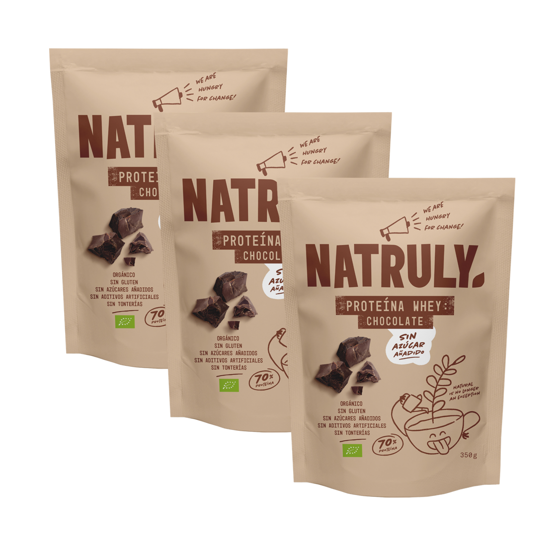 Envase de Natruly PROTEÍNA WHEY Chocolate 350 g BIO - Pack 3x, proteína whey