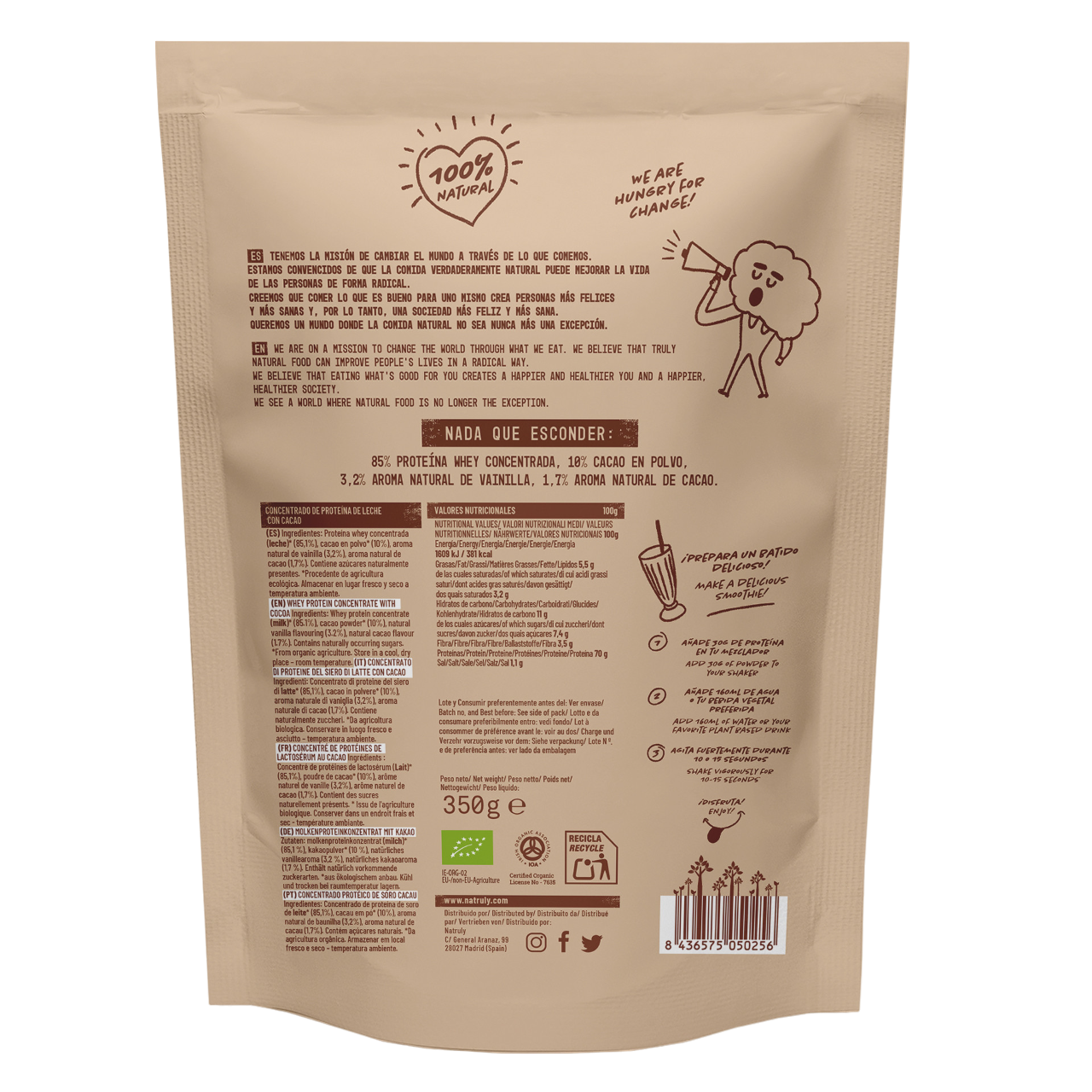 Envase de Natruly PROTEÍNA WHEY Chocolate 350 g BIO, proteína whey
