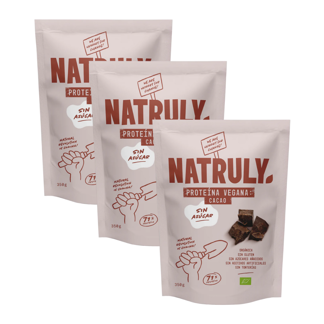 Envase de Natruly PROTEÍNA VEGANA Chocolate 350 g BIO - Pack 3x, proteína vegana