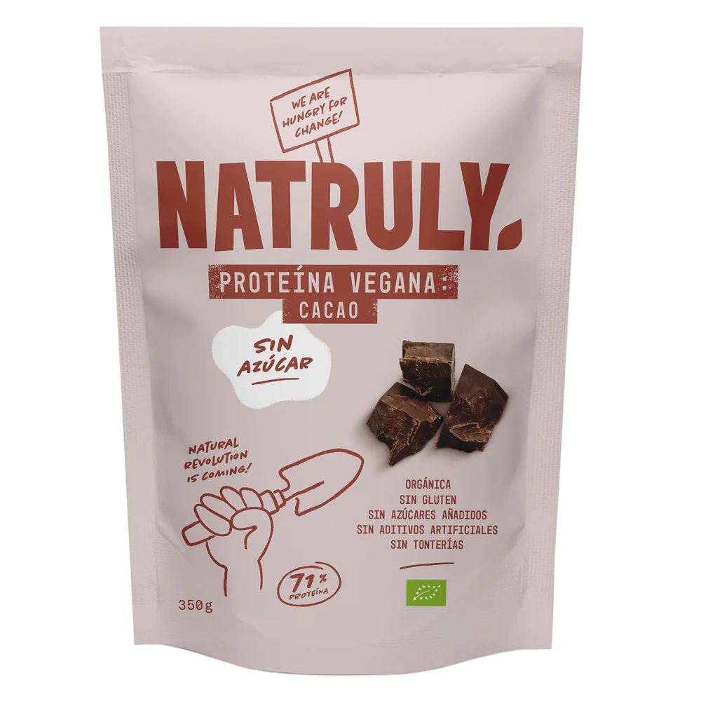 Envase de Natruly PROTEÍNA VEGANA Chocolate 350 g BIO, proteína vegana