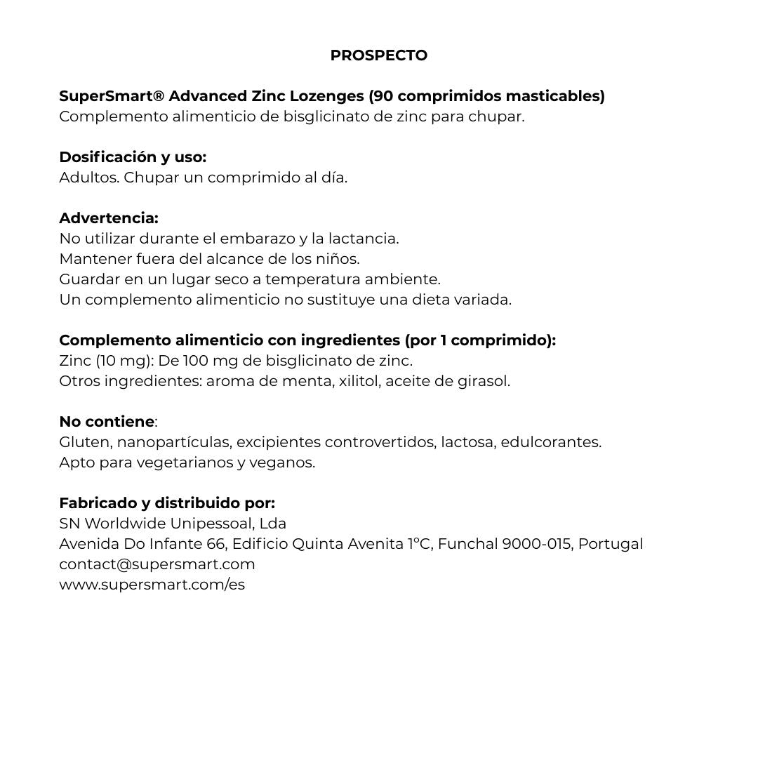 Envase de Supersmart ZINC avanzado 90 comprimidos masticables, suplemento alimenticio