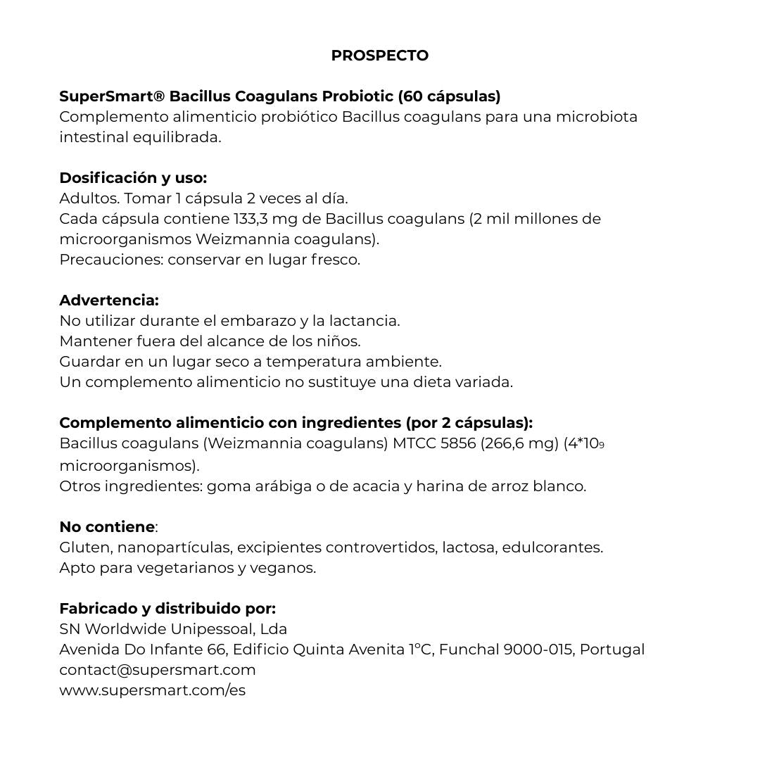 Envase de Supersmart BACILLUS COAGULANS Priobiótico 60 cápsulas, suplemento alimenticio