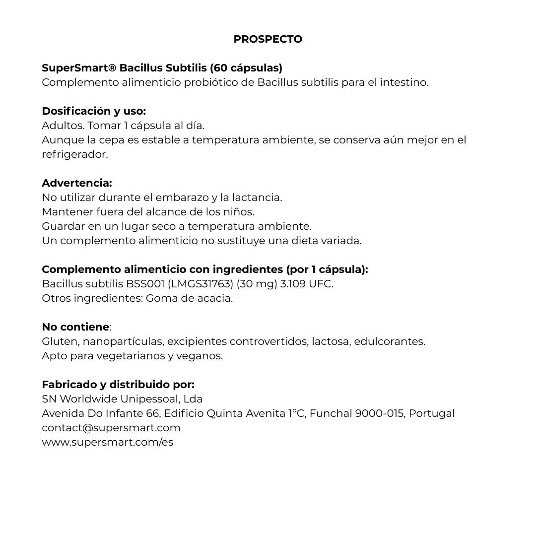 Envase de Supersmart BACILLUS SUBTILIS 60 cápsulas, suplemento alimenticio