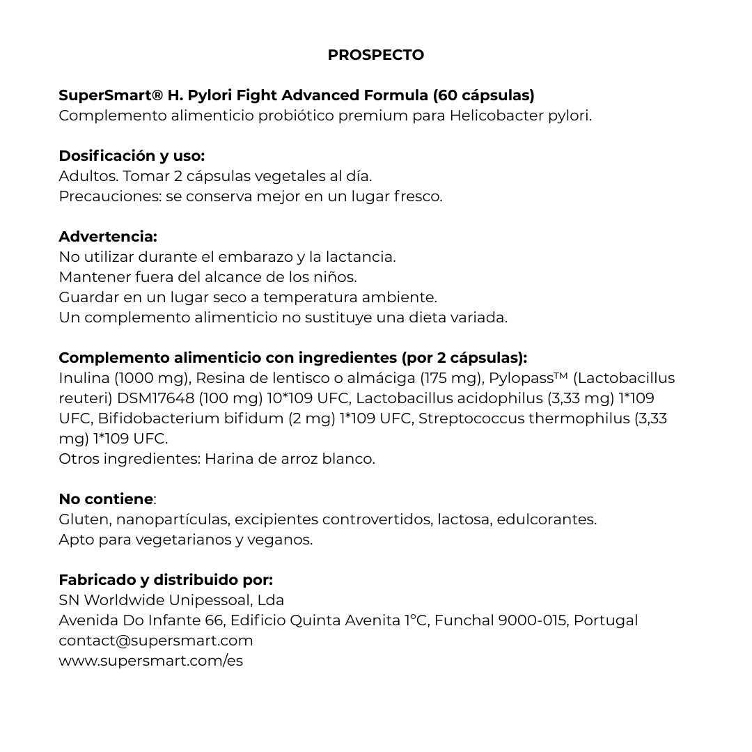 Envase de Supersmart Helicobacter pylori FIGHT ADVANCED Formula 60 cápsulas, suplemento alimenticio