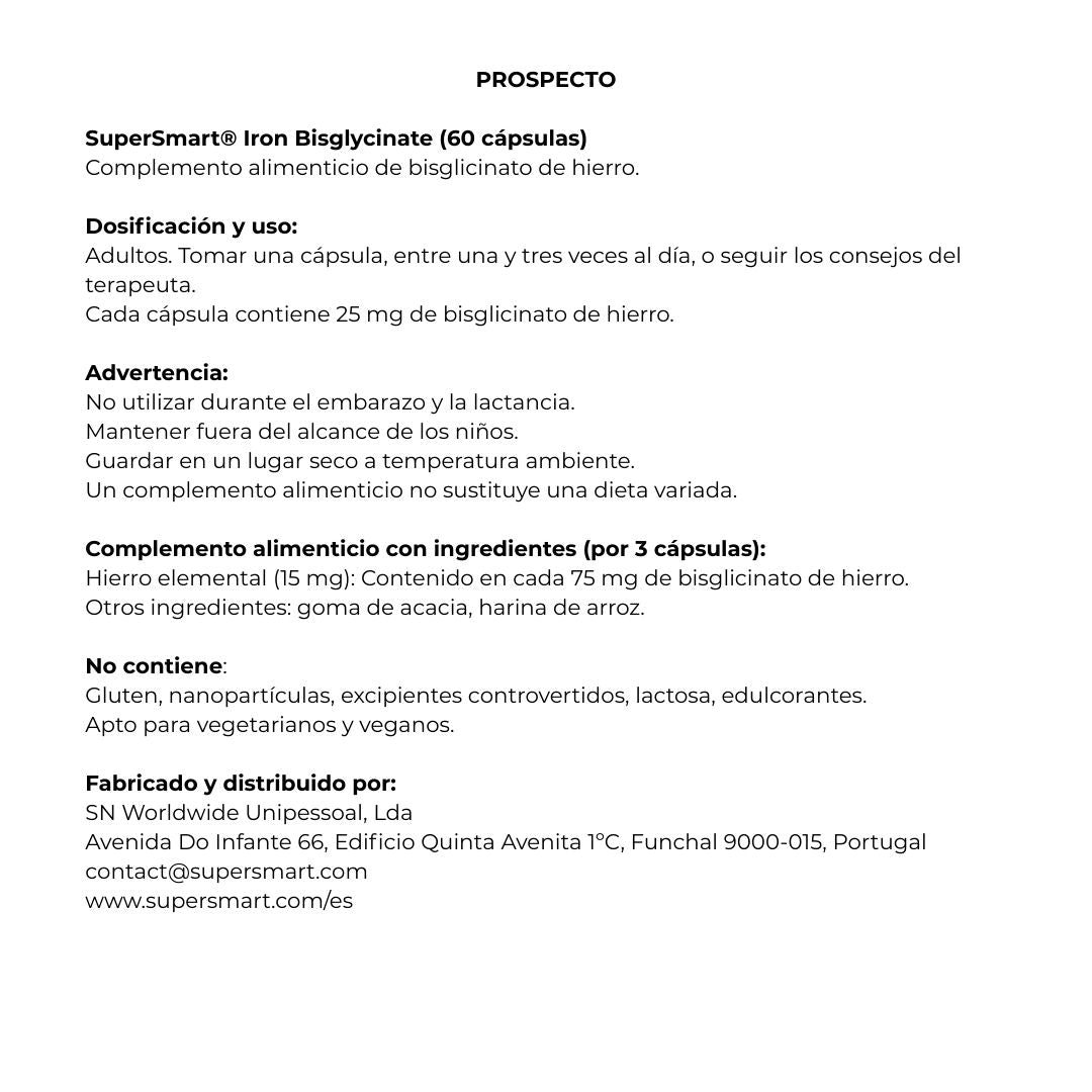Envase de Supersmart IRON BISGLYCINATE Bisglicinato de hierro 60 cápsulas, suplemento alimenticio