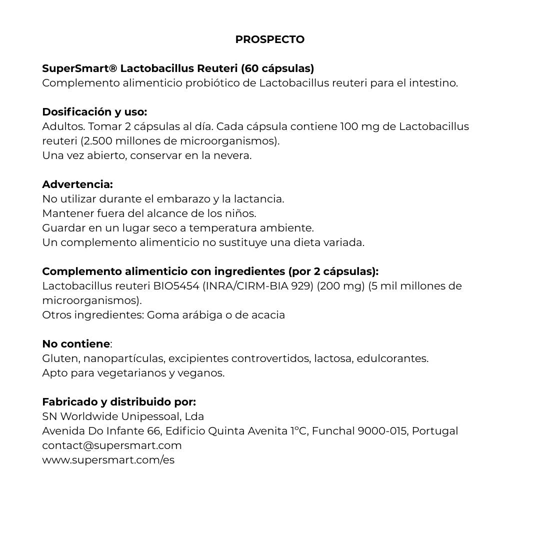 Envase de Supersmart LACTOBACILLUS REUTERI 60 cápsulas, suplemento alimenticio