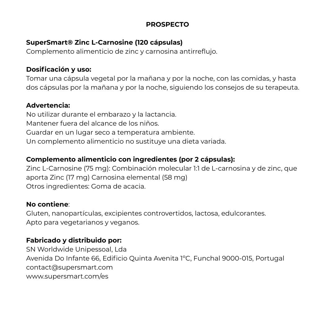 Envase de Supersmart ZINC L-CARNOSINE 120 cápsulas, suplemento alimenticio
