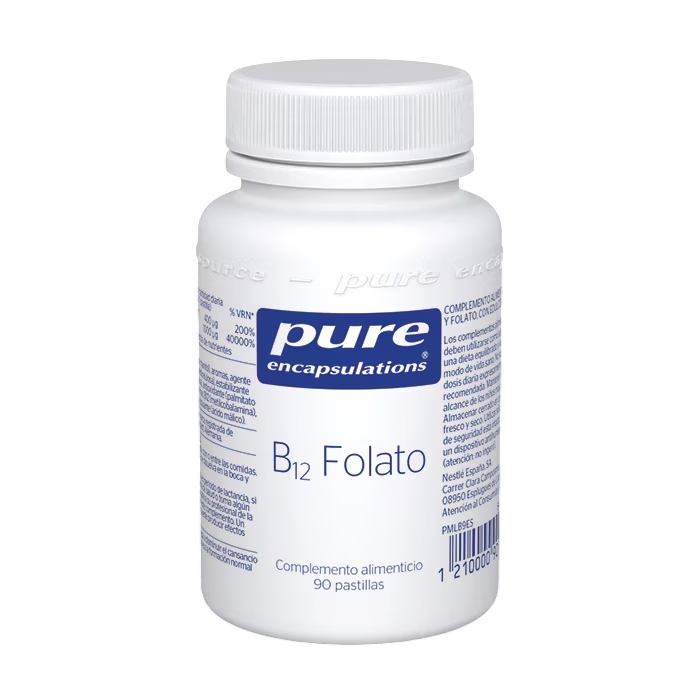 Envase de Pure Encapsulations B12 FOLATO 90 pastillas, suplemento alimenticio