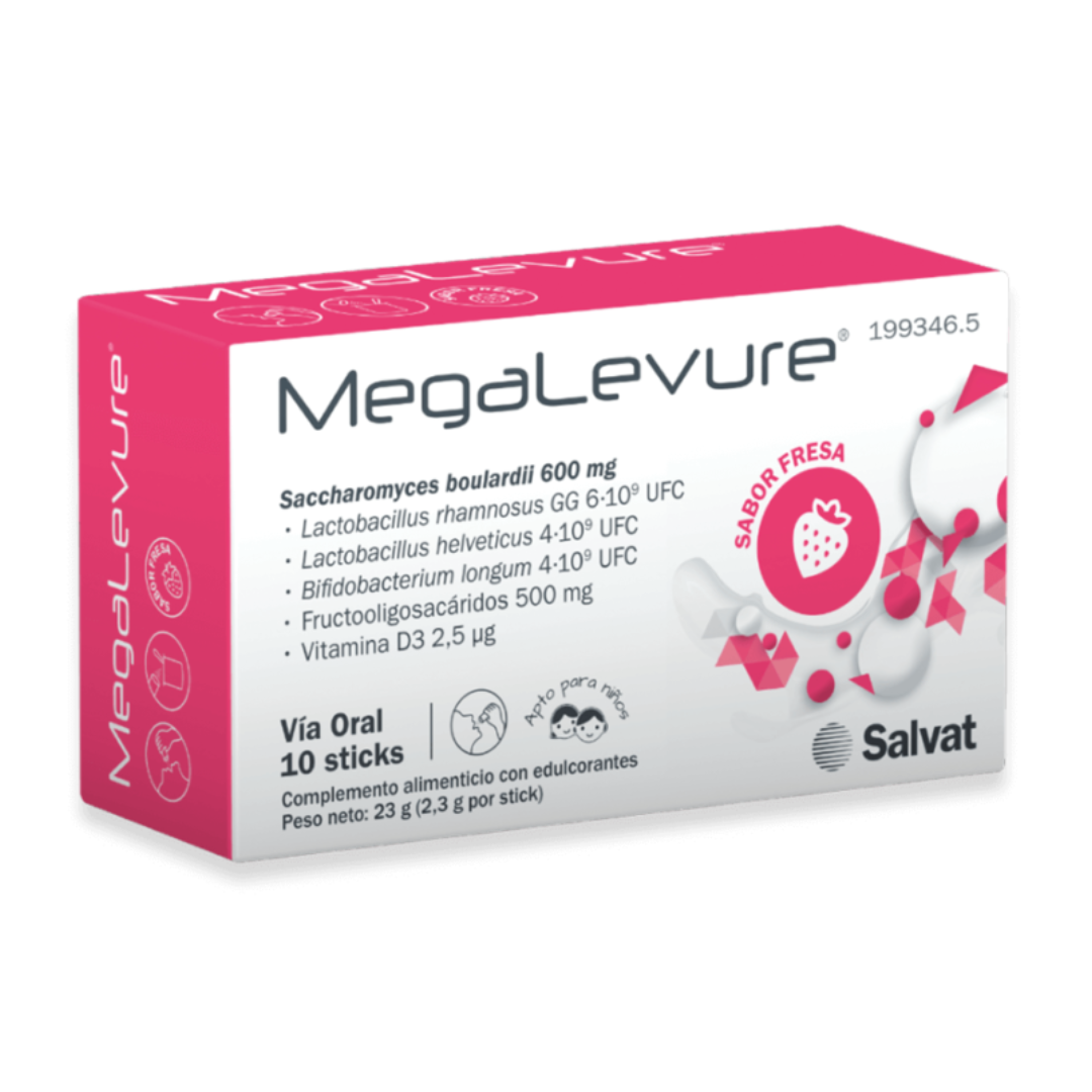 Envase de Salvat MEGALEVURE sabor fresa 10 sticks, suplemento alimenticio