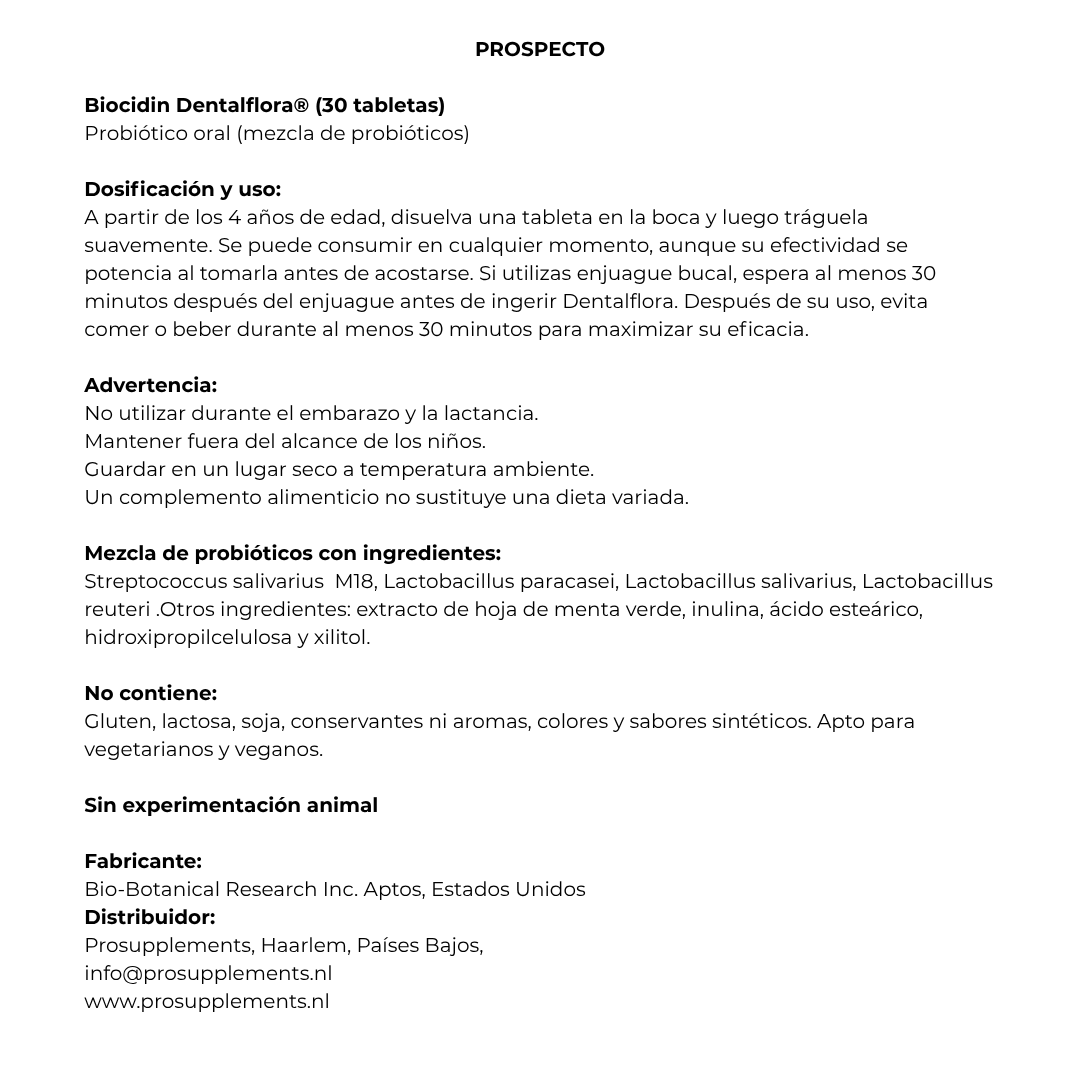 Envase de Biocidin DENTALFLORA Probiótico oral 30 cápsulas, suplemento alimenticio