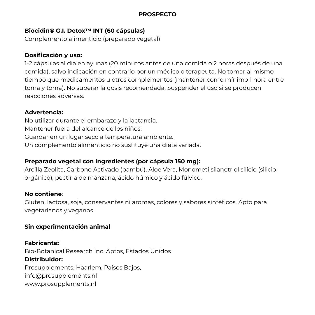 Envase de Biocidin G.I. Detox INT 60 cápsulas, suplemento alimenticio