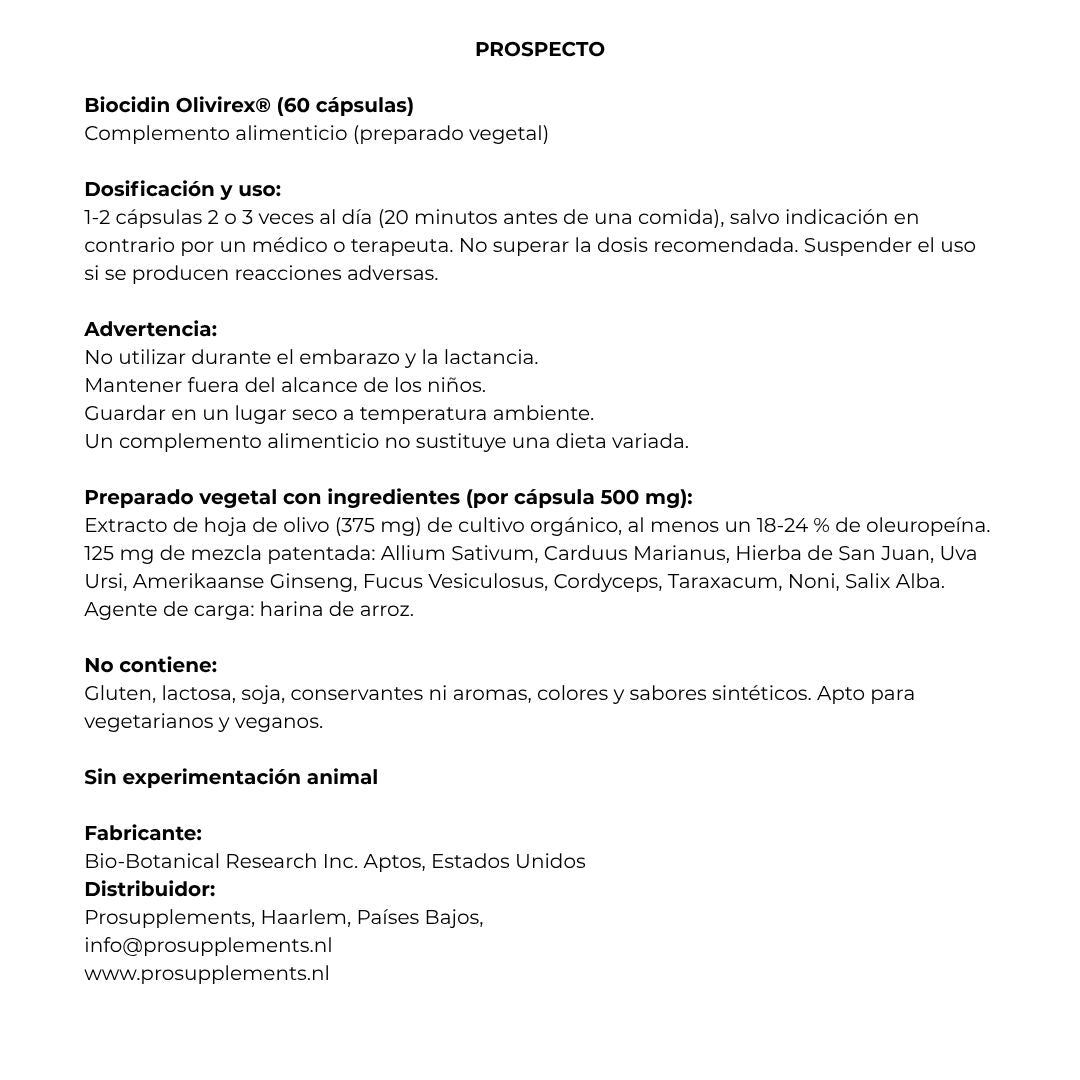 Envase de Biocidin OLIVIREX 60 cápsulas, suplemento alimenticio