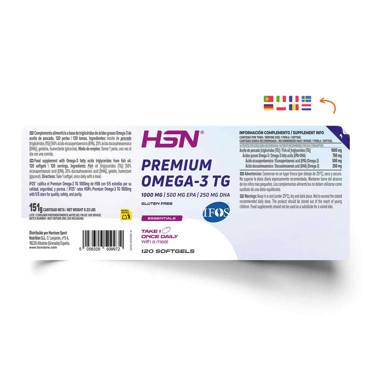 HSN Premium Omega 3 TG IFOS 1000 mg 120 perlas etiqueta e información nutricional