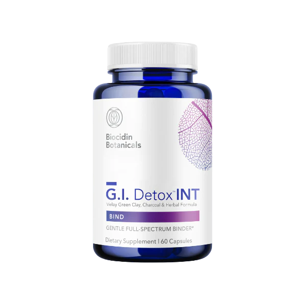 Envase de Biocidin G.I. Detox INT 60 cápsulas, suplemento alimenticio