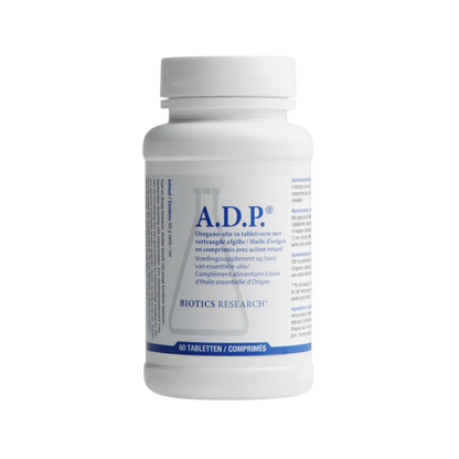 Envase de Biotics Research A.D.P. ACEITE ESENCIAL DE ORÉGANO 60 comprimidos de acción retardada, suplemento alimenticio