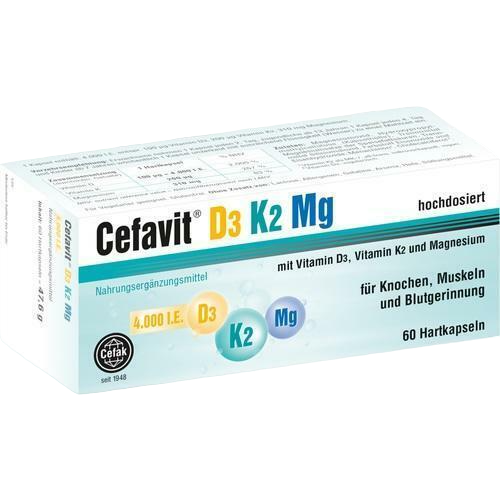 Envase de Cefak CEFAVIT D3 K2 Mg 60 cápsulas, suplemento alimenticio
