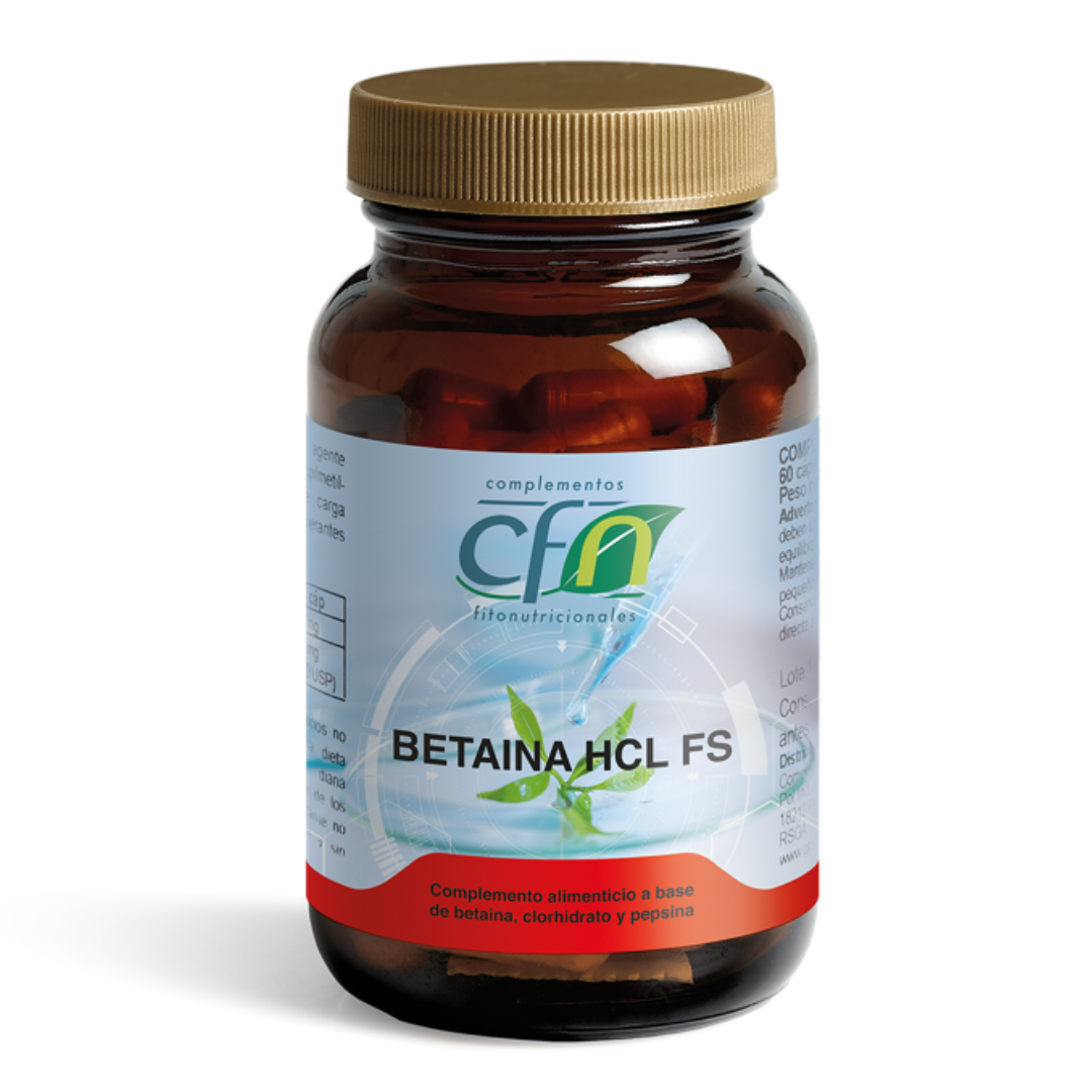 Envase de Cfn BETAÍNA HCL FS 60 cápsulas, suplemento alimenticio