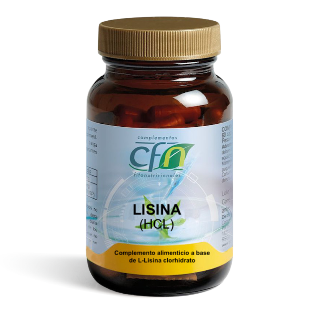 Envase de Cfn LISINA HCL 500 mg 60 cápsulas, suplemento alimenticio