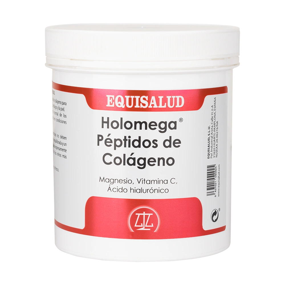 Envase de Equisalud Holomega PÉPTIDOS DE COLÁGENO en polvo 210 g, suplemento alimenticio