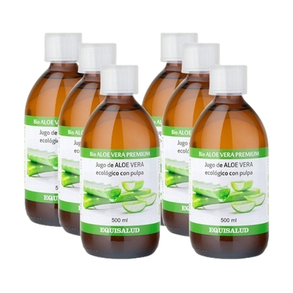 Envase de Equisalud Bio ALOE VERA Premium pack de 6 uds. de 500 ml. SIN ALOÍNA., suplemento alimenticio