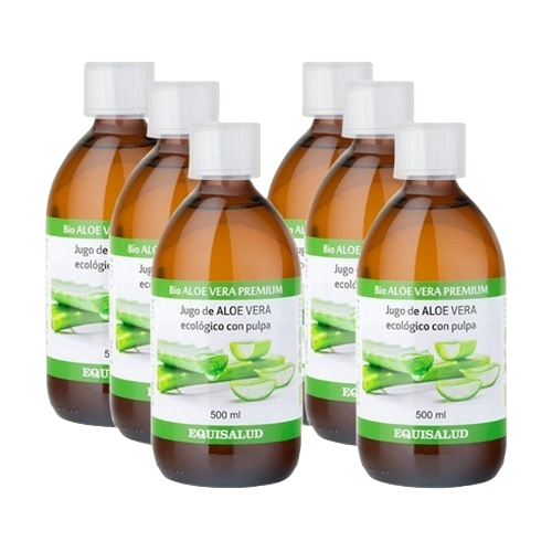 Envase de Equisalud Bio ALOE VERA Premium pack de 6 uds. de 500 ml. SIN ALOÍNA., suplemento alimenticio