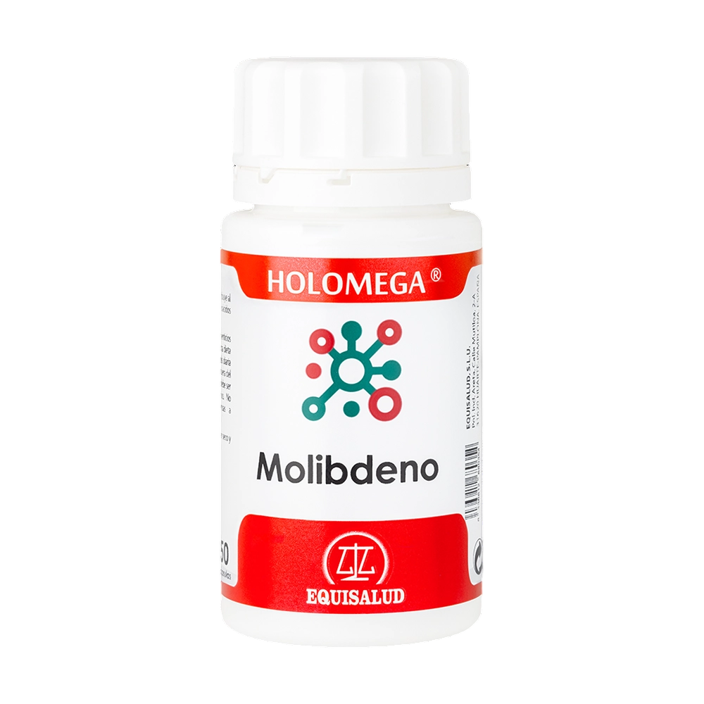 Envase de Equisalud Holomega MOLIBDENO 50 cápsulas, suplemento alimenticio