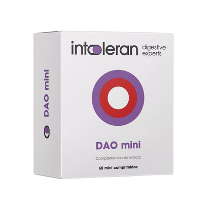 Envase de Intoleran DAO mini 60 comprimidos, suplemento alimenticio