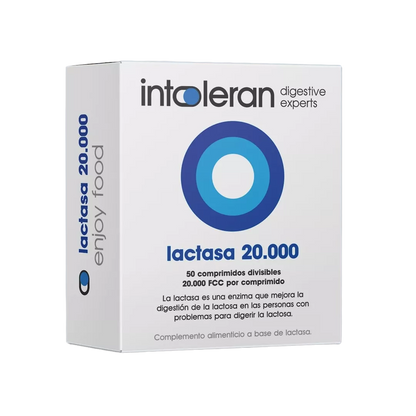 Envase de Intoleran LACTASA 20.000 - 50 comprimidos, suplemento alimenticio