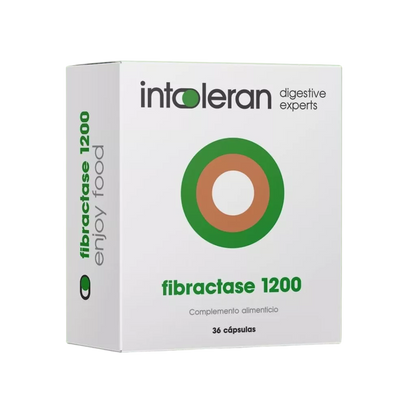 Envase de Intoleran FIBRACTASE 1200 (FORTE) 36 cápsulas, suplemento alimenticio