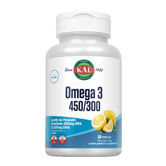 Envase de Kal OMEGA 3 450/300 120 perlas, suplemento alimenticio