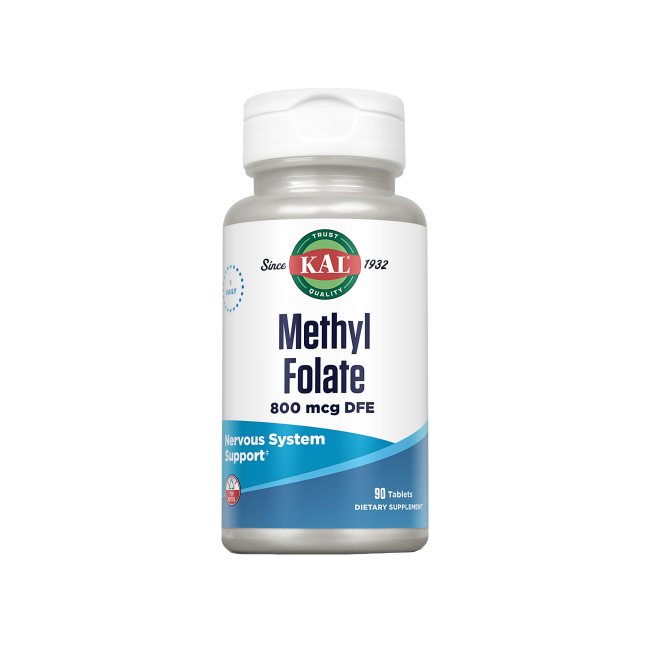 Envase de Kal METHYL FOLATE vitamina B9 90 comprimidos, suplemento alimenticio