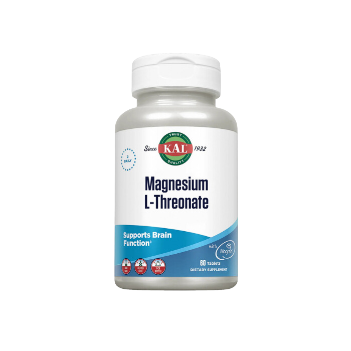Envase de Kal L-TREONATO DE MAGNESIO 60 cápsulas, suplemento alimenticio