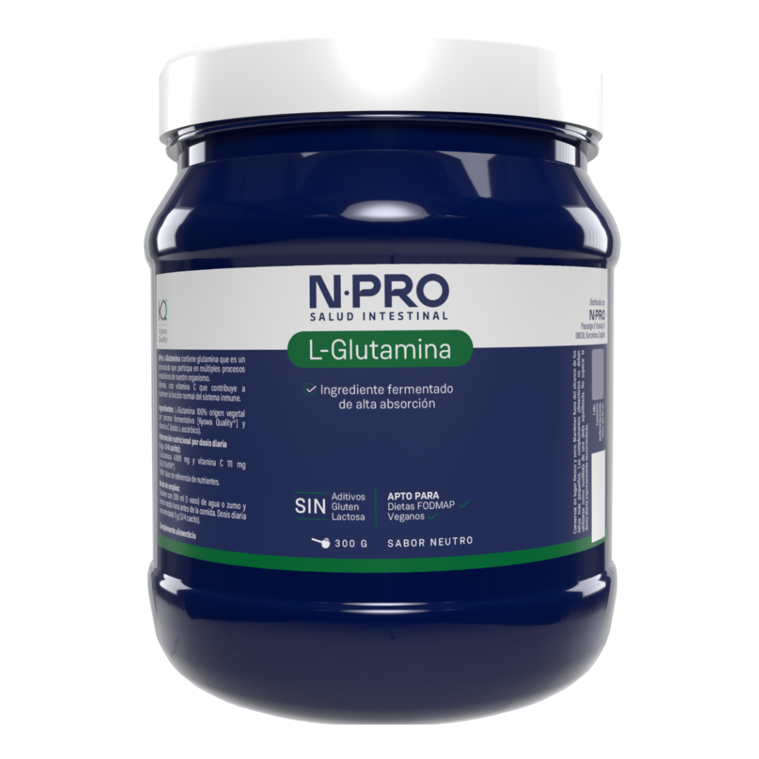 Envase de NPro L-GLUTAMINA en polvo 300 g, suplemento alimenticio