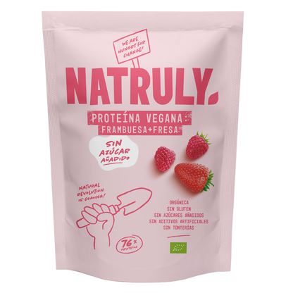 Envase de Natruly PROTEÍNA VEGANA Frambuesa y Fresa 350 g BIO, proteína vegana