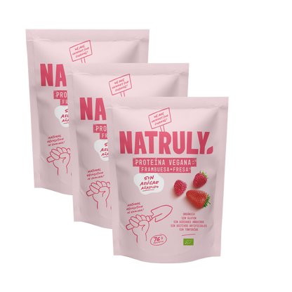 Envase de Natruly PROTEÍNA VEGANA Frambuesa y Fresa 350 g BIO - Pack 3x, proteína vegana